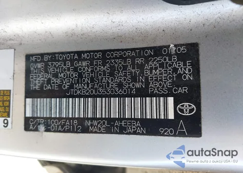 2005 Toyota Prius z USA, uszkodzony, nr VIN JTDKB20U353036014